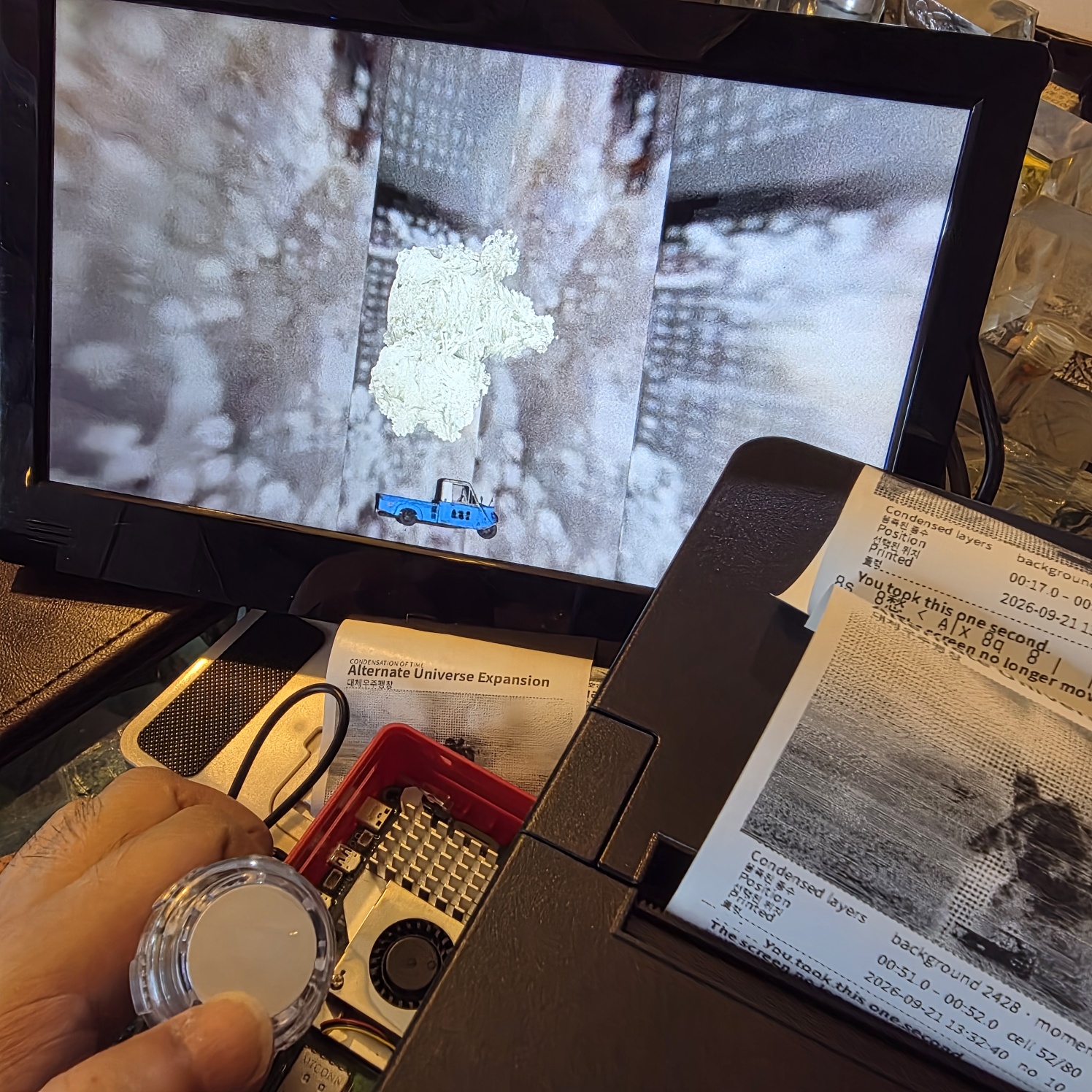 Condensation of Time working exhibition configuration: moving image, viewer trigger and thermal printer